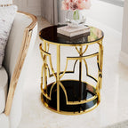 Merax 19.7" Round Gold Metal Side Table with Tempered Glass Top & 2-Tier Storage Shelf, Modern Coffee Table Glam End Table for Living Room, Bedroom, Sofa Side, Small Space, Black