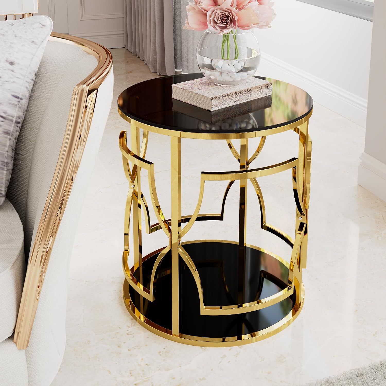 Merax 19.7" Round Gold Metal Side Table with Tempered Glass Top & 2-Tier Storage Shelf, Modern Coffee Table Glam End Table for Living Room, Bedroom, Sofa Side, Small Space, Black