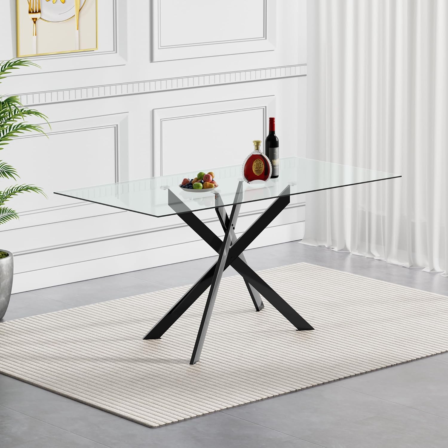 51 Inch Glass Dining Table Set for 4, Rectangular Tempered Glass Kitchen Table with Metal Base, Modern Black Dining Room Table with 4 Leather Dining Chairs for Kitchen Living Room