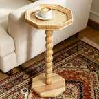 Boho Rattan Octagon Side Table, Drink Table for Small Spaces, Coastal Small Accent Tables, Solid Wood Pedestal End Tables for Living Room, Bedroom, Corners