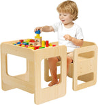 Tilhumt Montessori Weaning Table and Chair Set - 3 Adjustable Height Kids Activity Table with Fence Wood Toddler Table and Chair Set for 1-3 Age Kids for Read, Playing, Eating, Step Stool