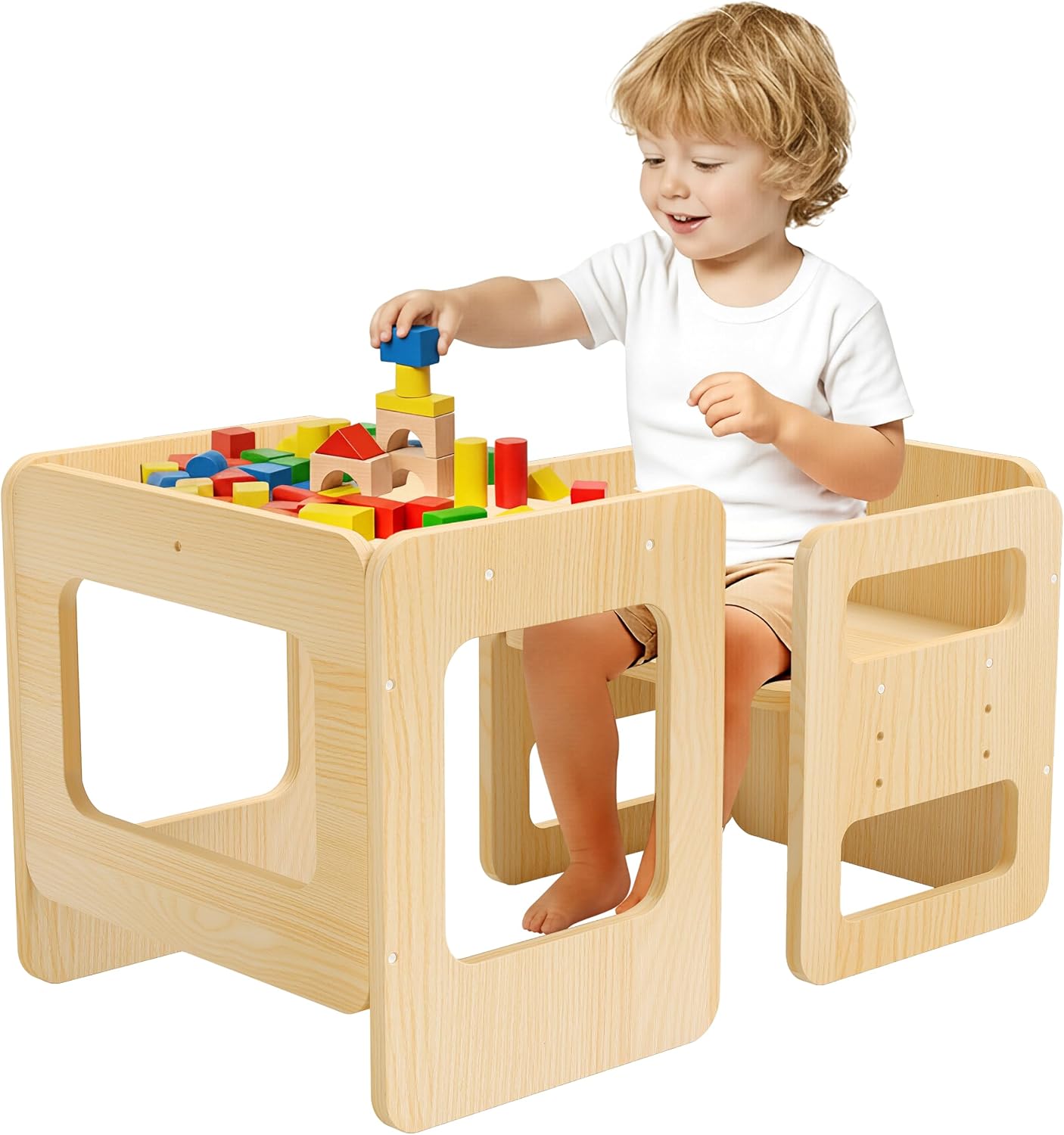 Tilhumt Montessori Weaning Table and Chair Set - 3 Adjustable Height Kids Activity Table with Fence Wood Toddler Table and Chair Set for 1-3 Age Kids for Read, Playing, Eating, Step Stool