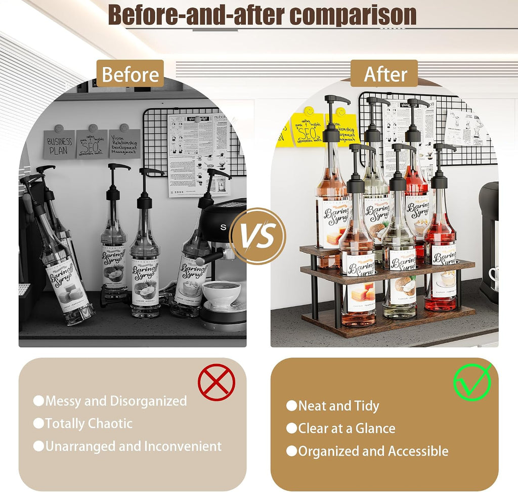 KLM Coffee Syrup Organizer, 2 Tier Wooden Small Display Shelf (6 Bottle Capacity),Syrup Bottle Sturdy Holder for Coffee Bar, Kitchen Countertop Syrups, Condiments and Wine