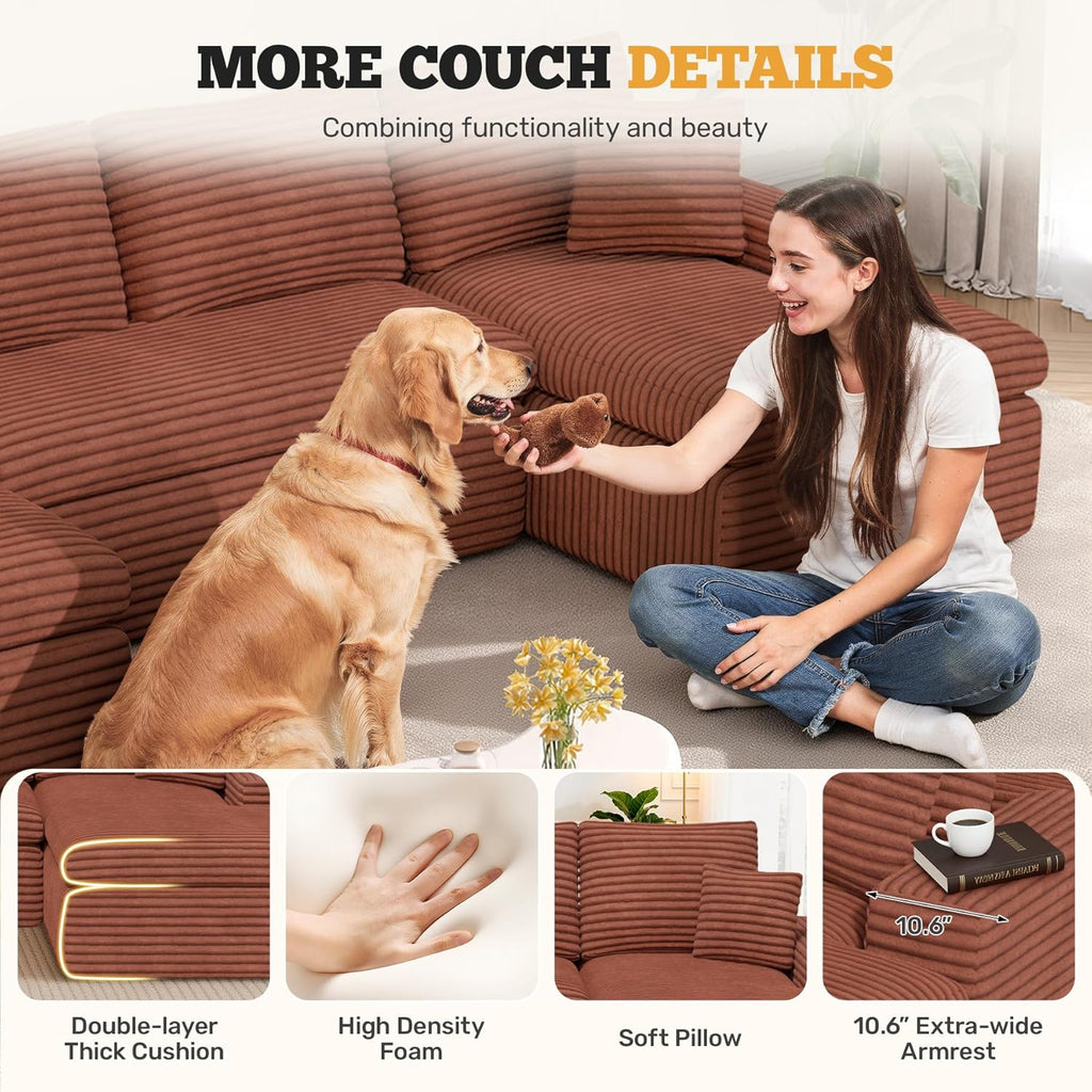 134" U Shaped Modular Sectional Sofa, Oversized Boneless Couches for Living Room,No Assembly Required Corduroy Cloud Couch with Chaise Lounge, Caramel 1 PCS