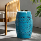 12.25" Side Table, Lace Cut Metal End Table for Outdoor & Indoor Use, Barrel Shape Accent Table for Garden, Patio, Living Room, Backyard Decor,No Assembly Needed,Blue