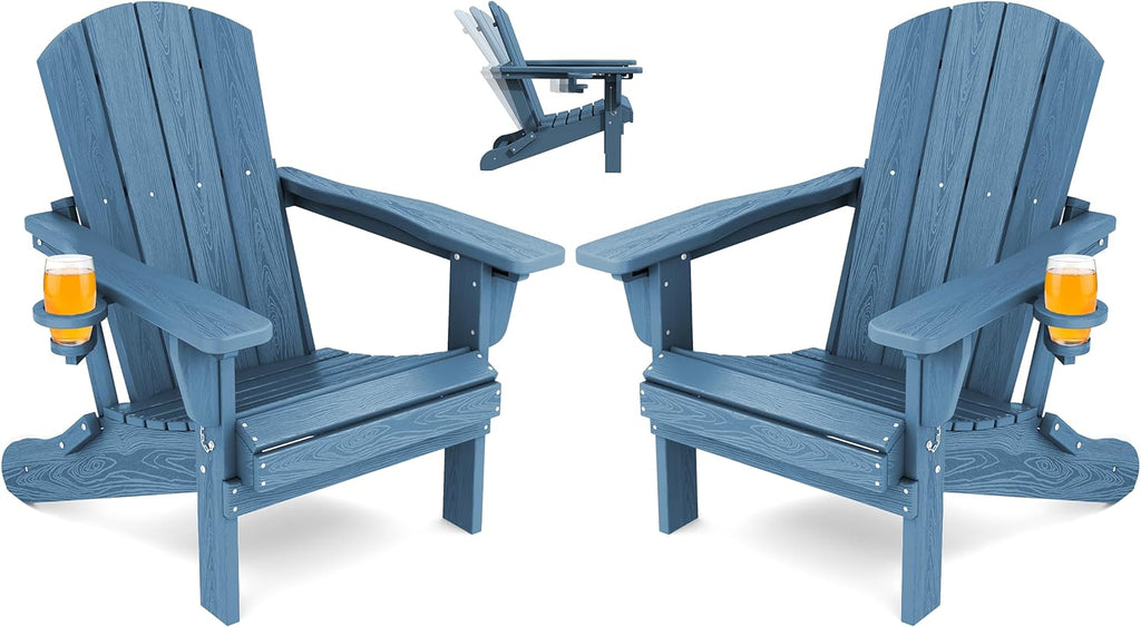 SERWALL Folding Adirondack Chair Set of 2, Adjustable Adirondack Chair with 3 Recline Positions, All Weather HDPE Outdoor Adirondack with Cup Holders, Blue