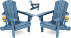 SERWALL Folding Adirondack Chair Set of 2, Adjustable Adirondack Chair with 3 Recline Positions, All Weather HDPE Outdoor Adirondack with Cup Holders, Blue