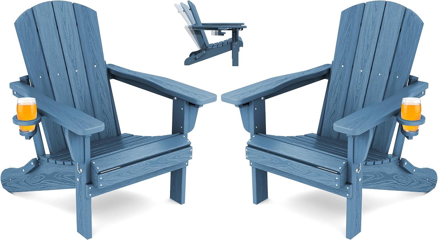 SERWALL Folding Adirondack Chair Set of 2, Adjustable Adirondack Chair with 3 Recline Positions, All Weather HDPE Outdoor Adirondack with Cup Holders, Blue