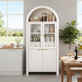71" Fluted Tall Arched Kitchen Pantry with Glass Door, Farmhouse Storage Cabinet with Adjustable Shelves & Hidden Drawer for Kitchen, Living Room, Dining Room, White