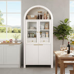 Fluted Tall Arched Pantry Cabinet with Adjustable Shelves & Hidden Drawer - Glass Door Storage for Kitchen, Living Room, Dining Room - Modern Elegant Display Unit (White)