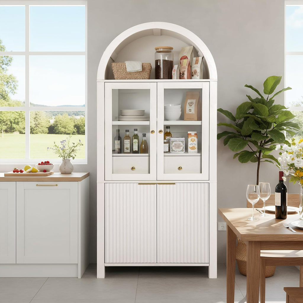 MERITLINE 71" Fluted Arched Pantry Cabinet with Glass Door & Hidden Drawer - Tall Display Storage Cabinet with Adjustable Shelves for Kitchen, Dining Room, Living Room (White)