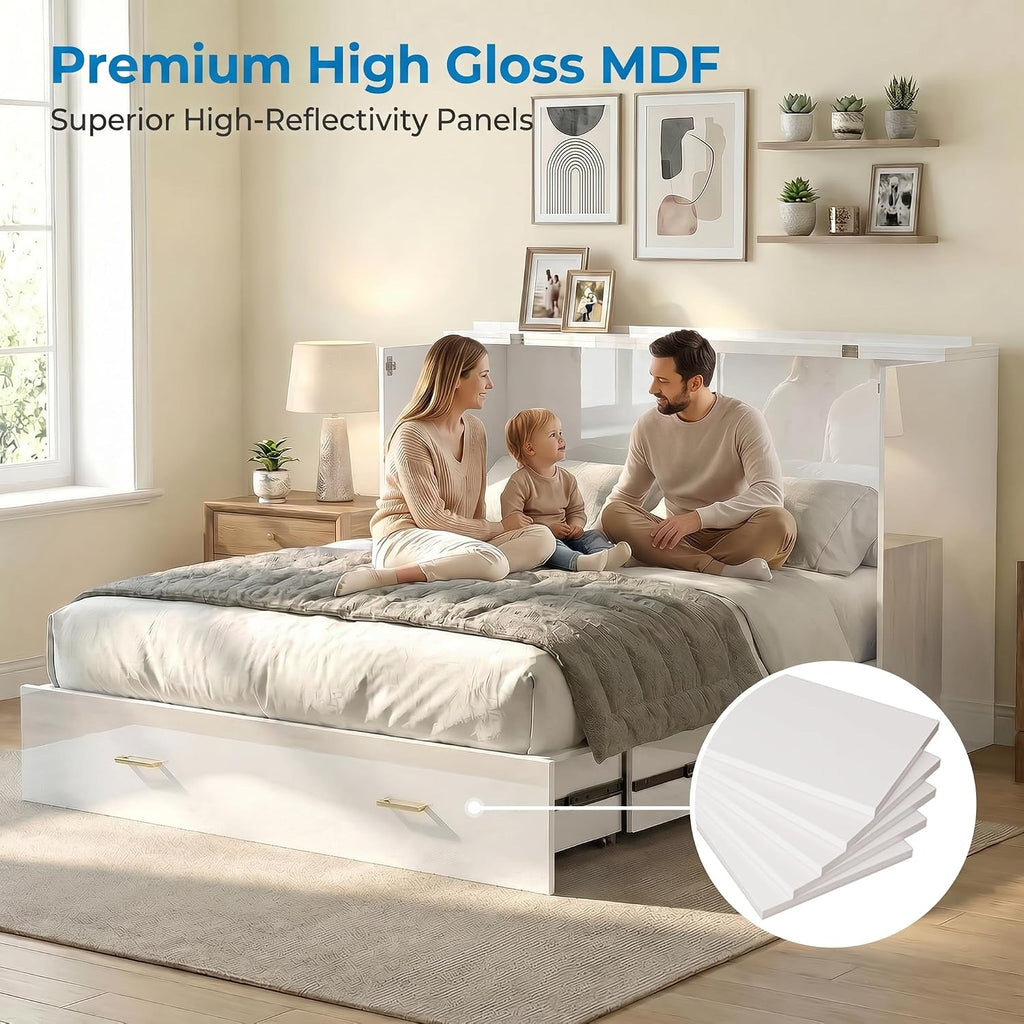 Mjkone Queen Size Murphy Cabinet Bed with RGB LED Lights, High Gloss MDF Murphy Beds with Tri-Folding Mattress Included, Convertible Chest Cabinet Bed with Storage Drawers for Small Spaces, White