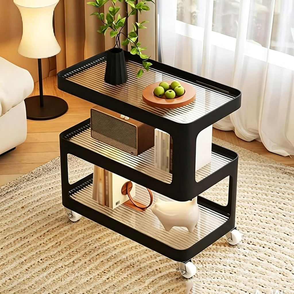 Luxury 3-Tier Slim Storage Cart, Rolling Side Table with Tempered Glass & Lockable Wheels, Mobile End Table for Living Room Bedroom, Space Saving Cream/Black(Black,50cm/19.7in)