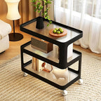 Luxury 3-Tier Slim Storage Cart, Rolling Side Table with Tempered Glass & Lockable Wheels, Mobile End Table for Living Room Bedroom, Space Saving Cream/Black(Black,50cm/19.7in)