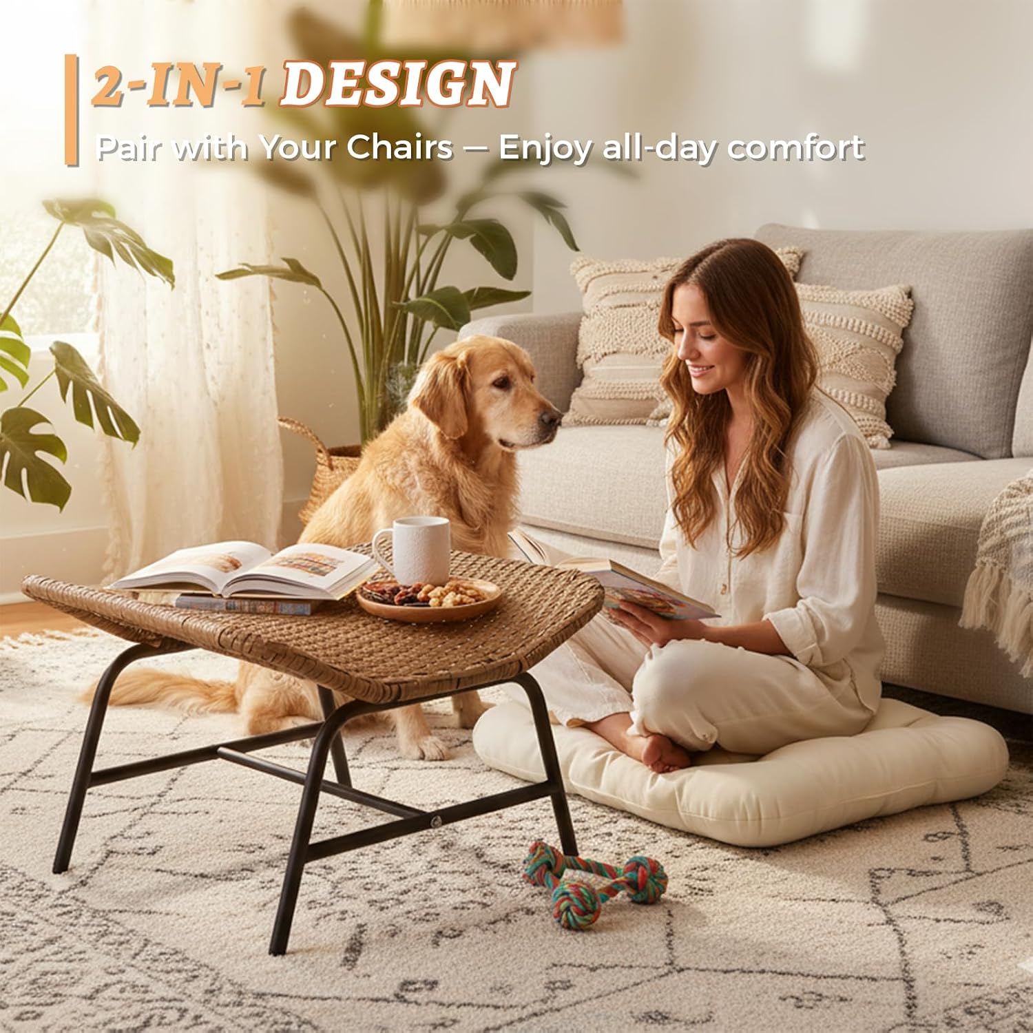 NICESOUL Indoor Outdoor Ottoman Set of 2, Large Wide Double Patio Footstool, PE Rattan Thicken Cushioned Footrest, All-Weather Wicker Furniture for Balcony, Porch, Living Room, Egg Chair, Beige