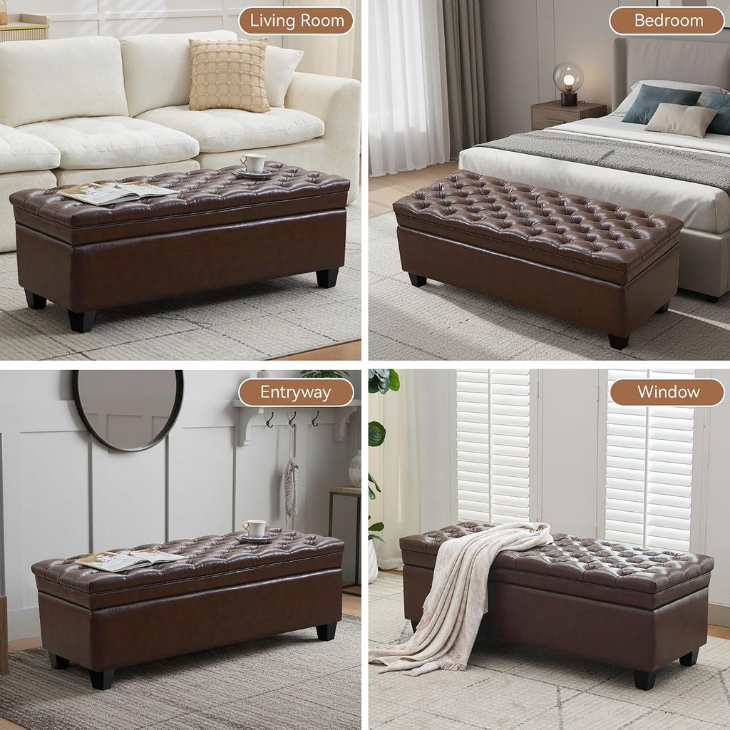 WUTUTUEE 50" Faux Leather Storage Ottoman Bench, Upholstered Rectangle Storage Ottoman End of Bed Tufted Living Room Bedroom Bench with Safety Hinge, Solid Wood Legs, Loads 500 lb(Dark Rrown)