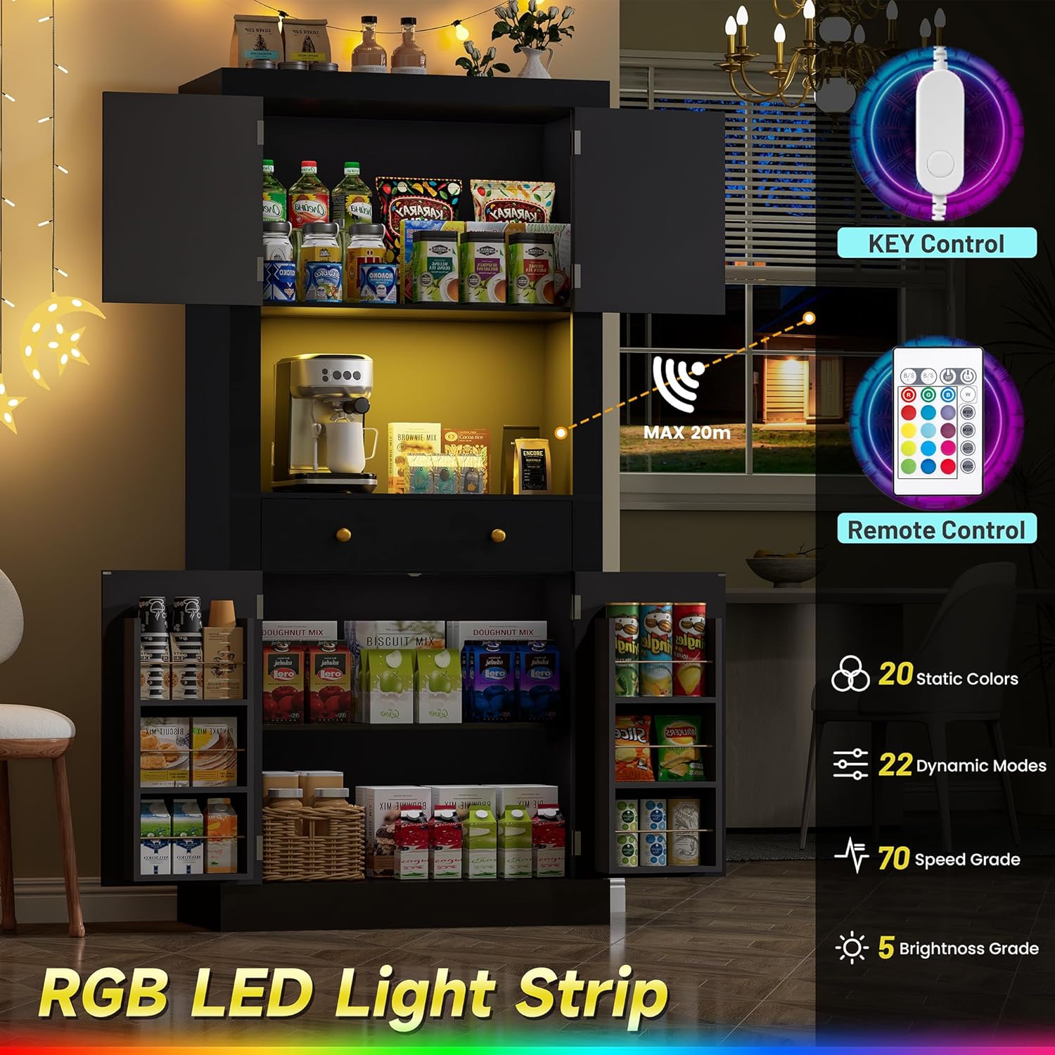 DINGIPP 73" Pantry Cabinet with Charging Station & LED Light, Tall Kitchen Pantry Cabinet with Microwave Stand and 1 Large Drawer, Kitchen Storage Cabinet with 4 Doors for Kitchen, Dining Room, Black