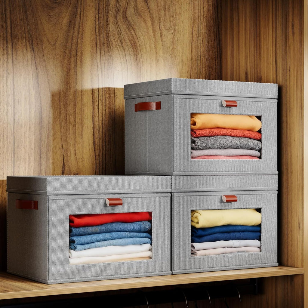 2-Pack Large Storage Bins with Lids,Stackable&Collapsible Closet Storage Bins,Oxford Fabric Organizer Box with Clear Window,Large Decorative Storage Boxes for Closet,Dorm16.5"x11.8"x11"