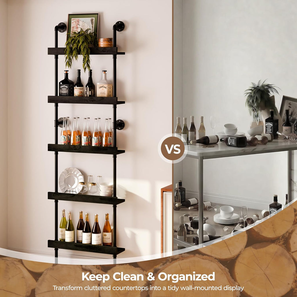 Industrial Wine Rack Wall Mounted, Industrial Pipe Bar Shelf for Wine Display, 5-Tier Rustic Hanging Organizer for Wine Bottle Storage in Kitchen, Bar, Pub, Cellar(Black, 24 Inch)