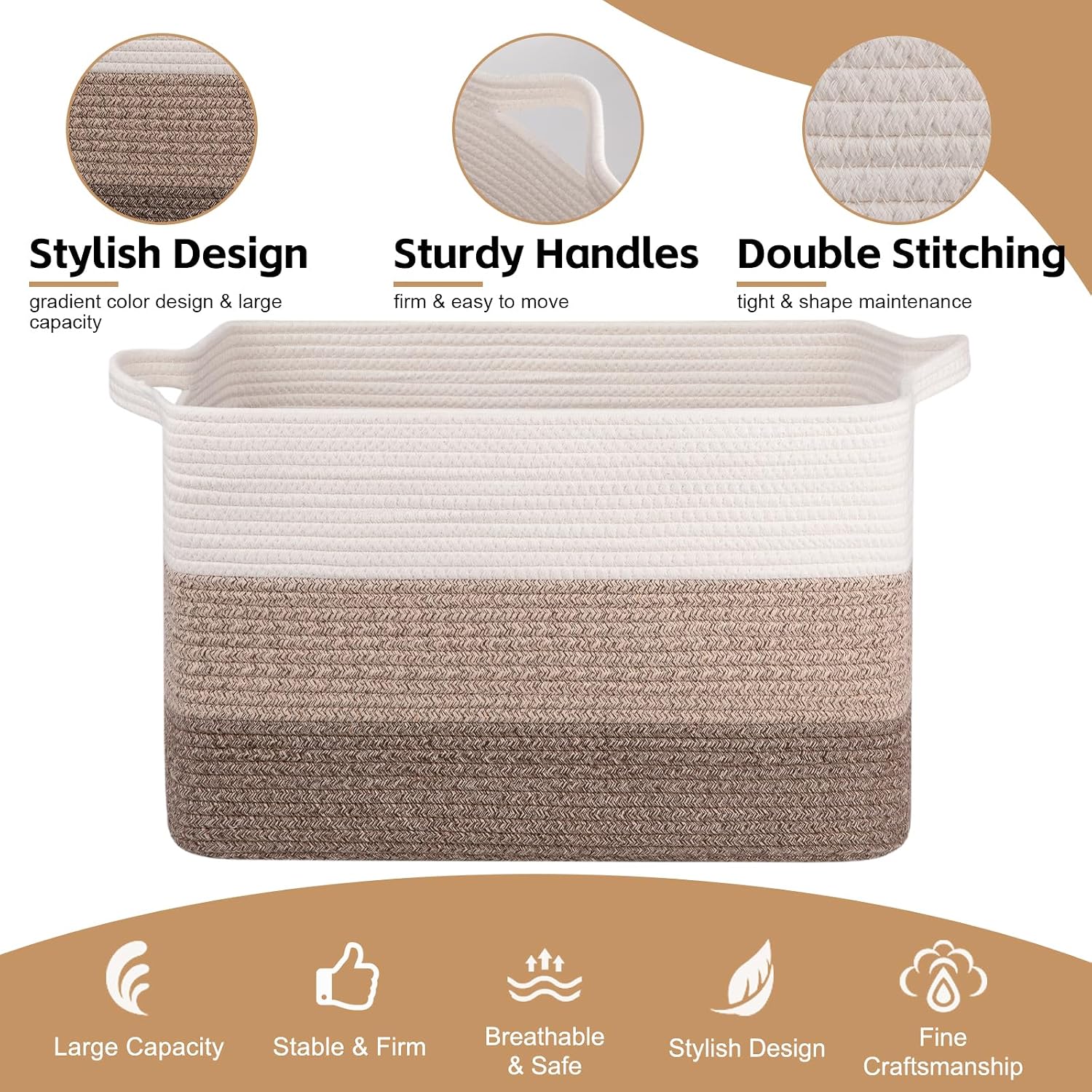 OIAHOMY Extra Large Blanket Basket, 95L Cotton Rope Woven Laundry Basket, Toy Bin for Baby Room, Container for Blanket Storage in Living Room, 24''×17''×14'', Gradient Brown