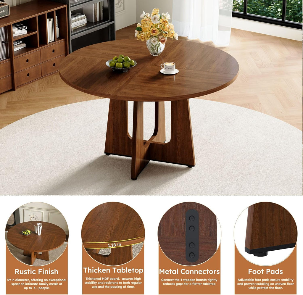 47" Round Dining Table Set for 4, Walnut Wood Grain Table and 4 Brown Suede Upholstered Chairs Set, Mid Century Modern Kitchen Table Set with Cross Legs