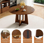 47" Round Dining Table Set for 4, Walnut Wood Grain Table and 4 Brown Suede Upholstered Chairs Set, Mid Century Modern Kitchen Table Set with Cross Legs