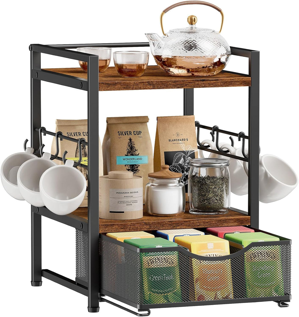 Plaviya 3-Tier Tea Bag Organizer with Drawer for Countertop | Tea Bag Holder and Storage, 9 Compartments, 6 Hooks for Cup, Utility Tea Box, Office, Kitchen, Rustic Brown