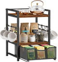 Plaviya 3-Tier Tea Bag Organizer with Drawer for Countertop | Tea Bag Holder and Storage, 9 Compartments, 6 Hooks for Cup, Utility Tea Box, Office, Kitchen, Rustic Brown