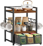 Plaviya 3-Tier Tea Bag Organizer with Drawer for Countertop | Tea Bag Holder and Storage, 9 Compartments, 6 Hooks for Cup, Utility Tea Box, Office, Kitchen, Rustic Brown