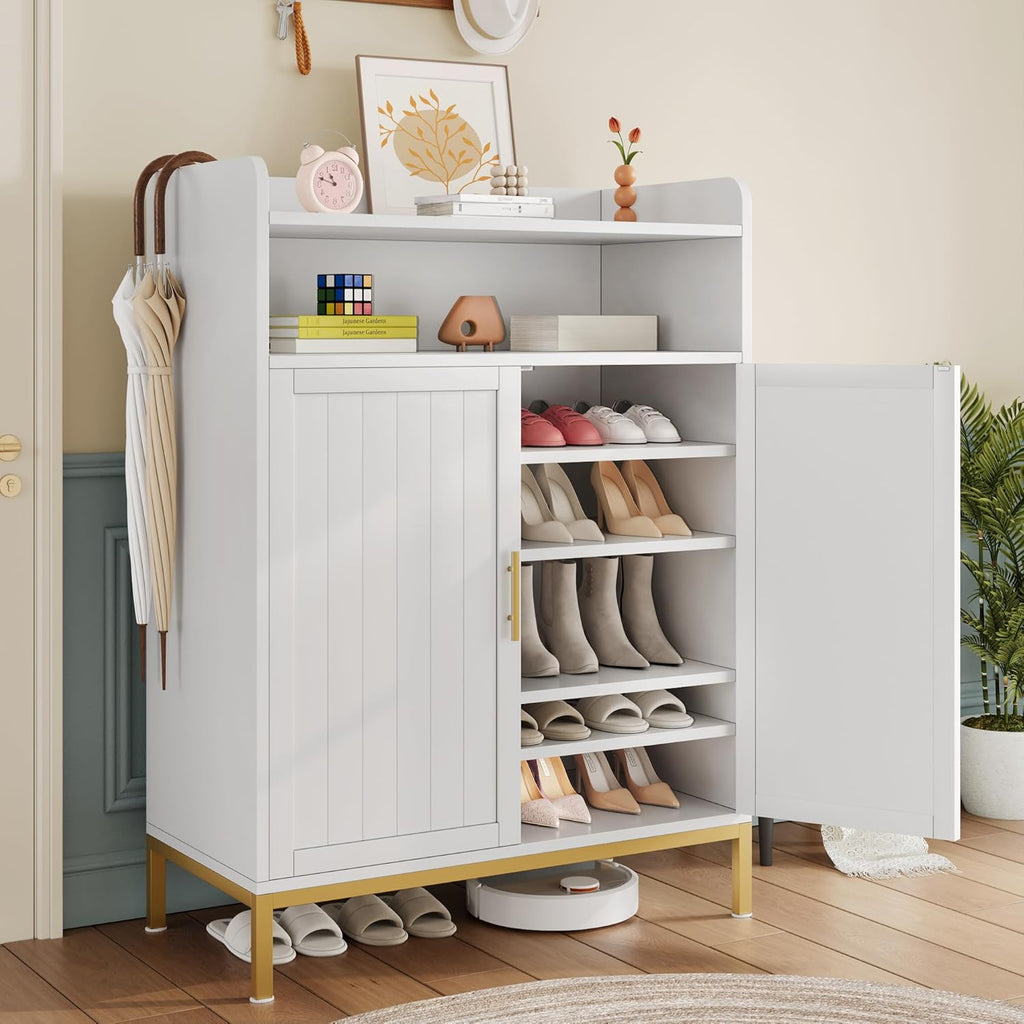 DreamDashio Shoe Cabinet with Adjustable Shelves & Doors, 7-Tier Farmhouse Shoe Storage Cabinet with Golden Metal Legs, 47.2'' Tall Shoes Rack Organizer Cabinet with Open Storage for Entryway, Hallway