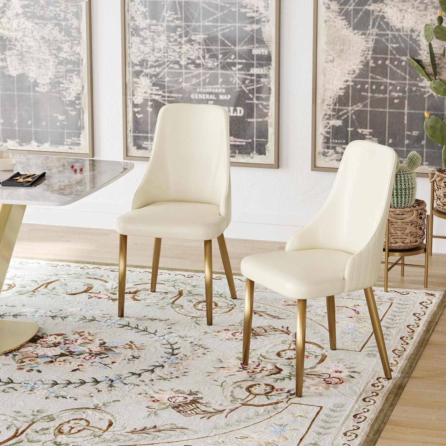 Montary 9 Piece Dining Table Chairs Set, Modern Dining Table Set of 8, Includes 59" D Marble Round Table with Beige Cylindric PU Wooden Base, 8 Beige Gold Dining Chairs for Home, Kitchen