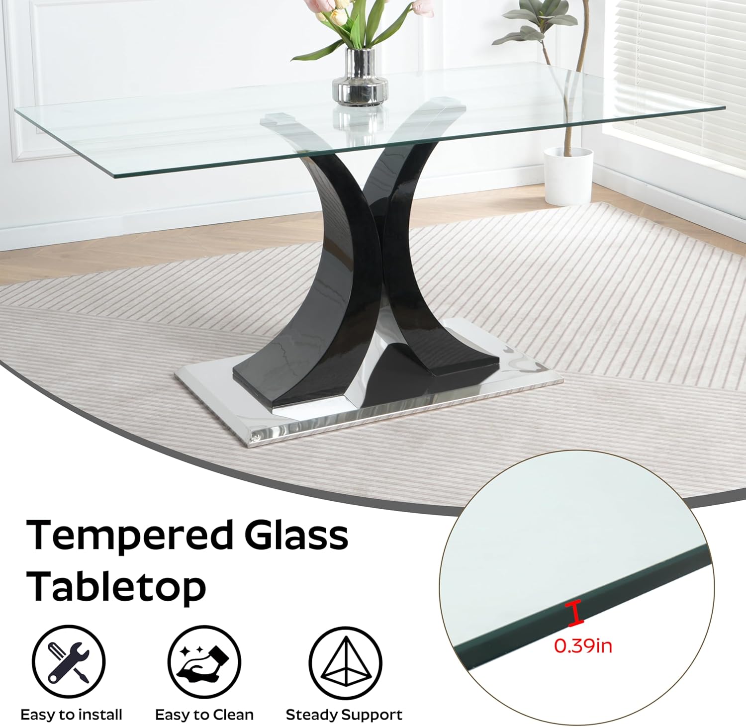 Modern Luxury Glass Dining Table for 4-6, 63'' Clear Minimalist Glass Top Kitchen Table, Large Apartment Rectangle Dinner Room Table with Black MDF & Silver Stainless Steel Base, for Home