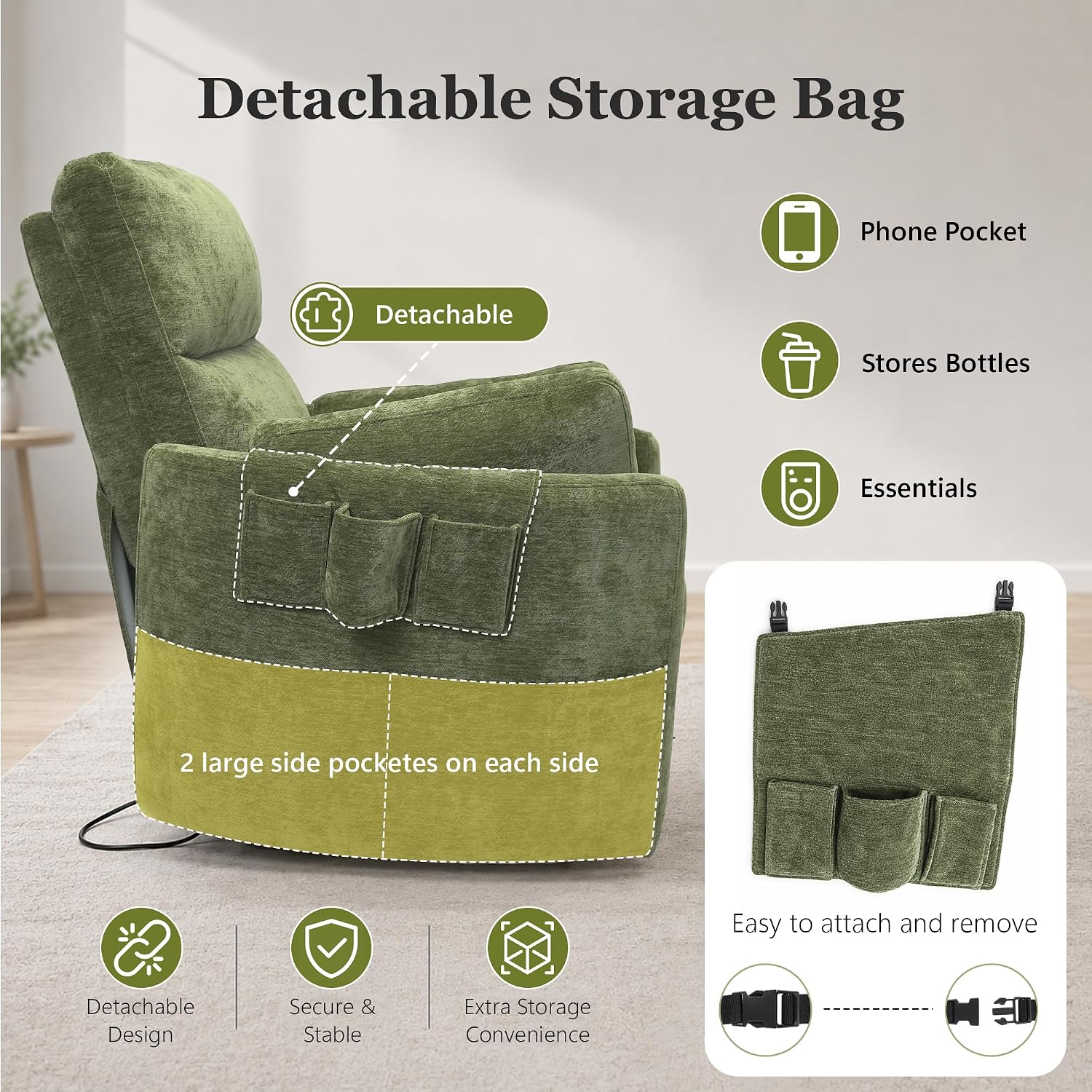 Chenille Power Swivel Glider Recliner Chair for Nursery, Detachable Storage Bag, Green