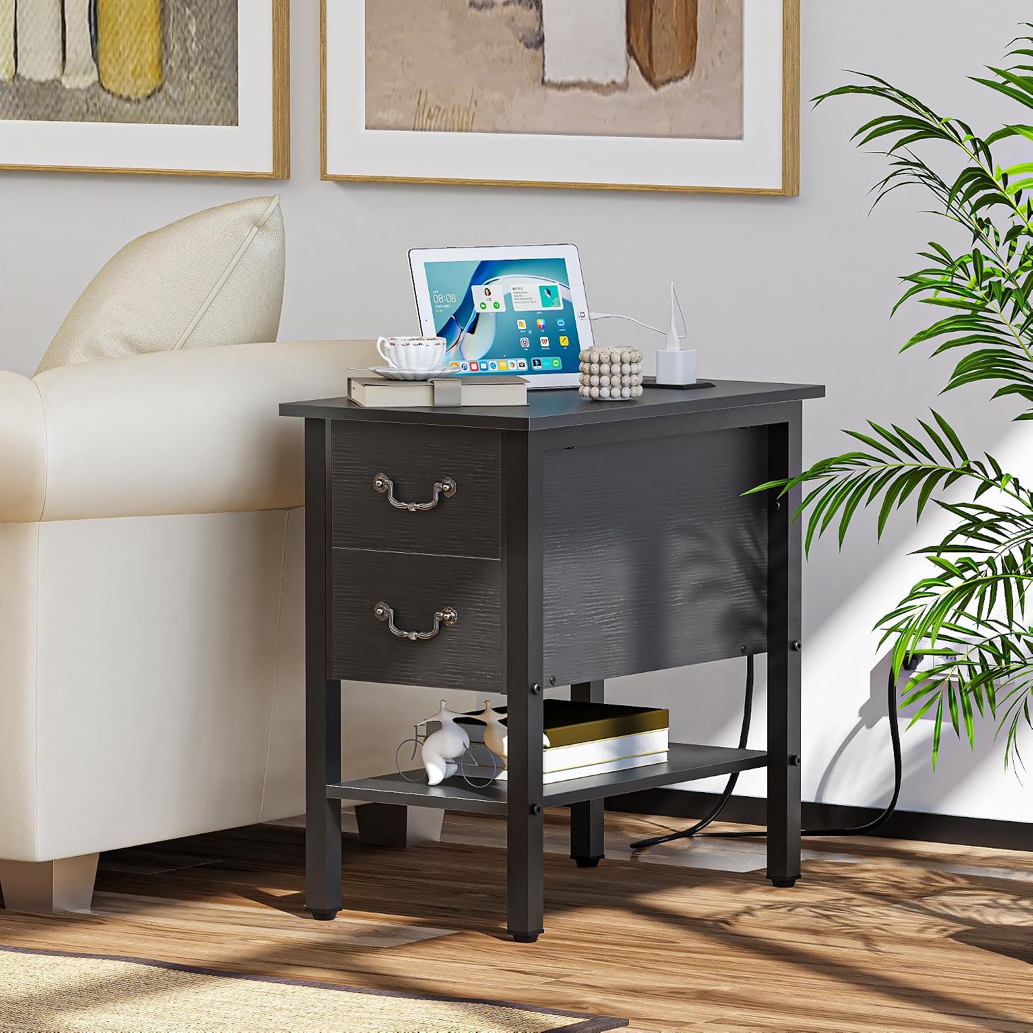 VECELO End Tables Set of 2,Narrow Nightstands with Charging Station & USB Ports & 2 Drawers,Skinny Side Table for Bedroom, Living Room,Black