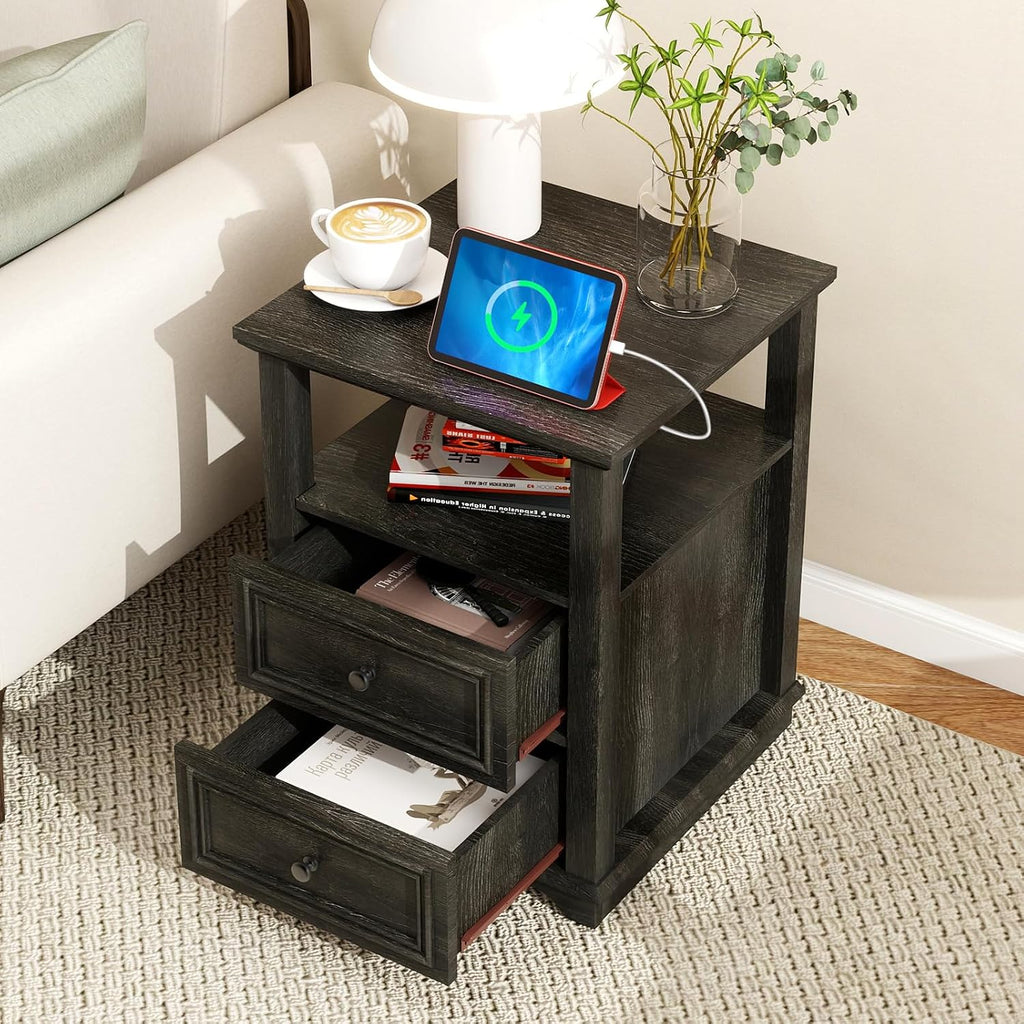 MUUEGM Night Stand with Charging Station, Dark Rustic Nightstands 18 Inch Bedside Table with 2 Storage Drawers and Open Shelf, Modern Wood End Table for Bedroom, Living Room, Closet, Office
