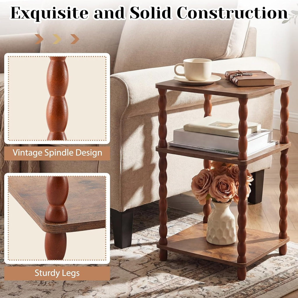 Set of 2 Side Tables 3-Tier Small End Table with Storage Shelf, Modern Bedside Nightstand for Living Room, Bedroom, Office and Small Spaces(Square,Rustic Brown)