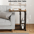 Gyfimoie C-Shaped End Table with Wheels, Side Table Adjustable Height, TV Tray Table with Metal Frame, Sofa Table for Small Spaces Living Room, Bedroom, Rustic Brown