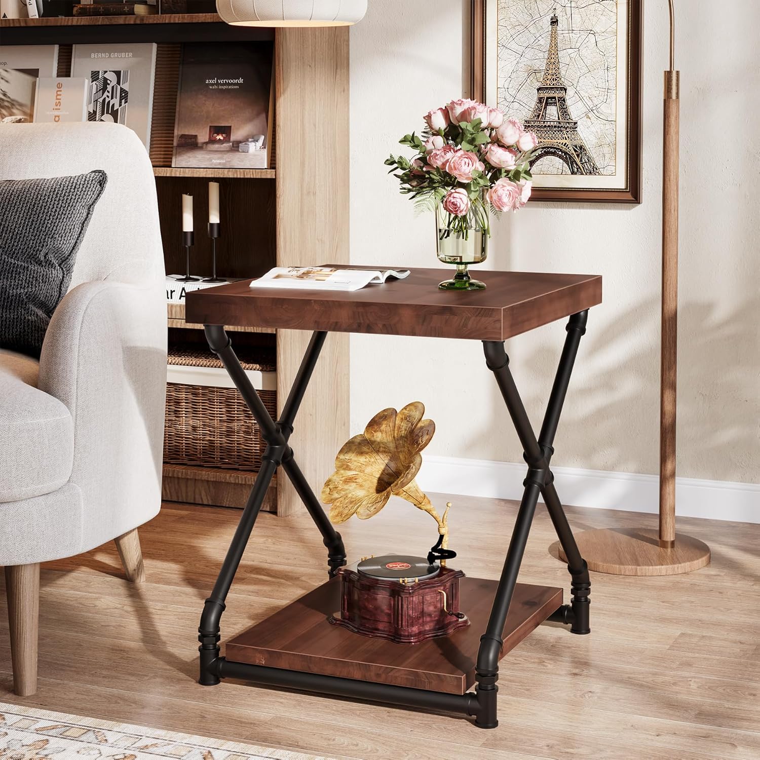 Tribesigns Solid Wood End Side Table with Storage Space for Living Room, Small Wood Nightstand for Bedroom, Dark Brown