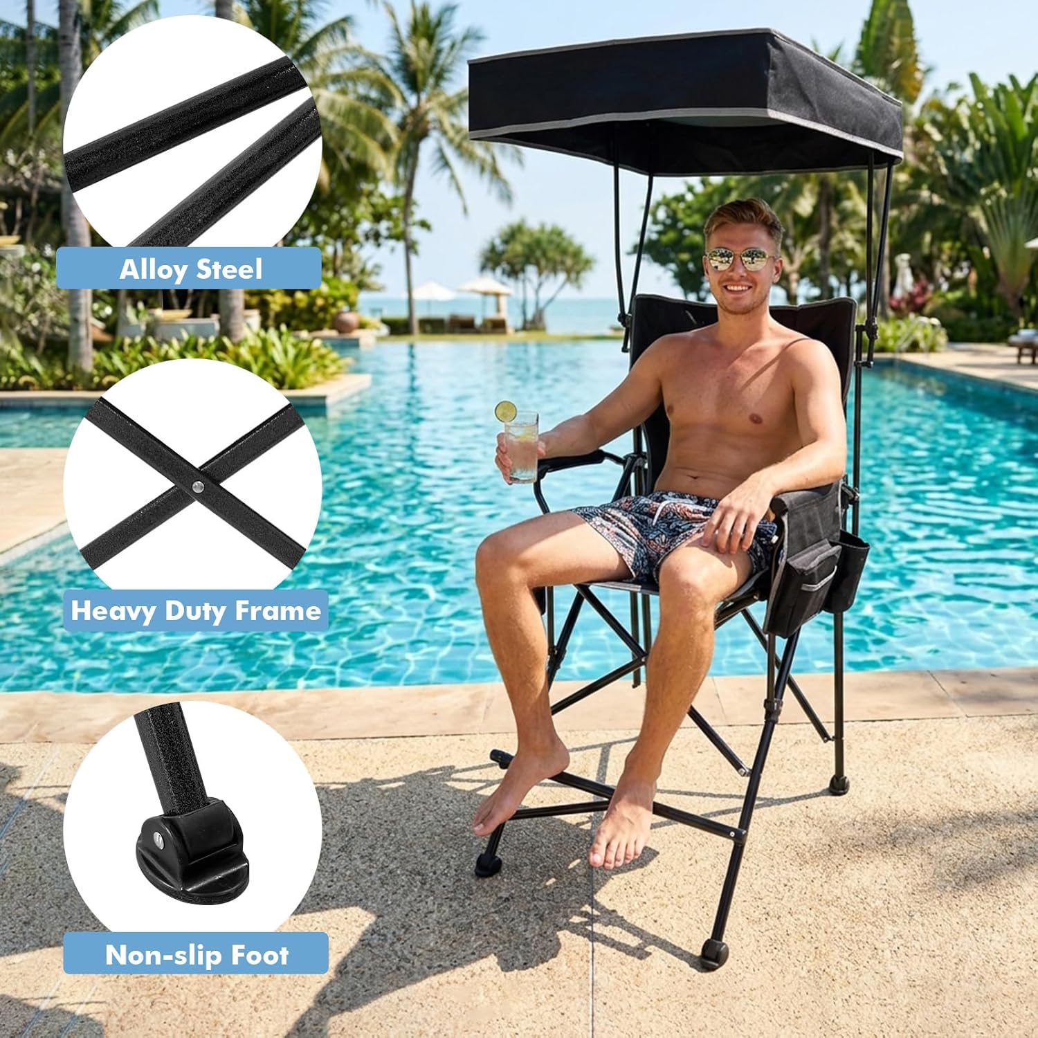 27" Tall Folding Director Chair Oversized with Canopy Shade for Adults Heavy Duty Camping Chair Portable with Footrest & Carry Bag Supports 300 lbs