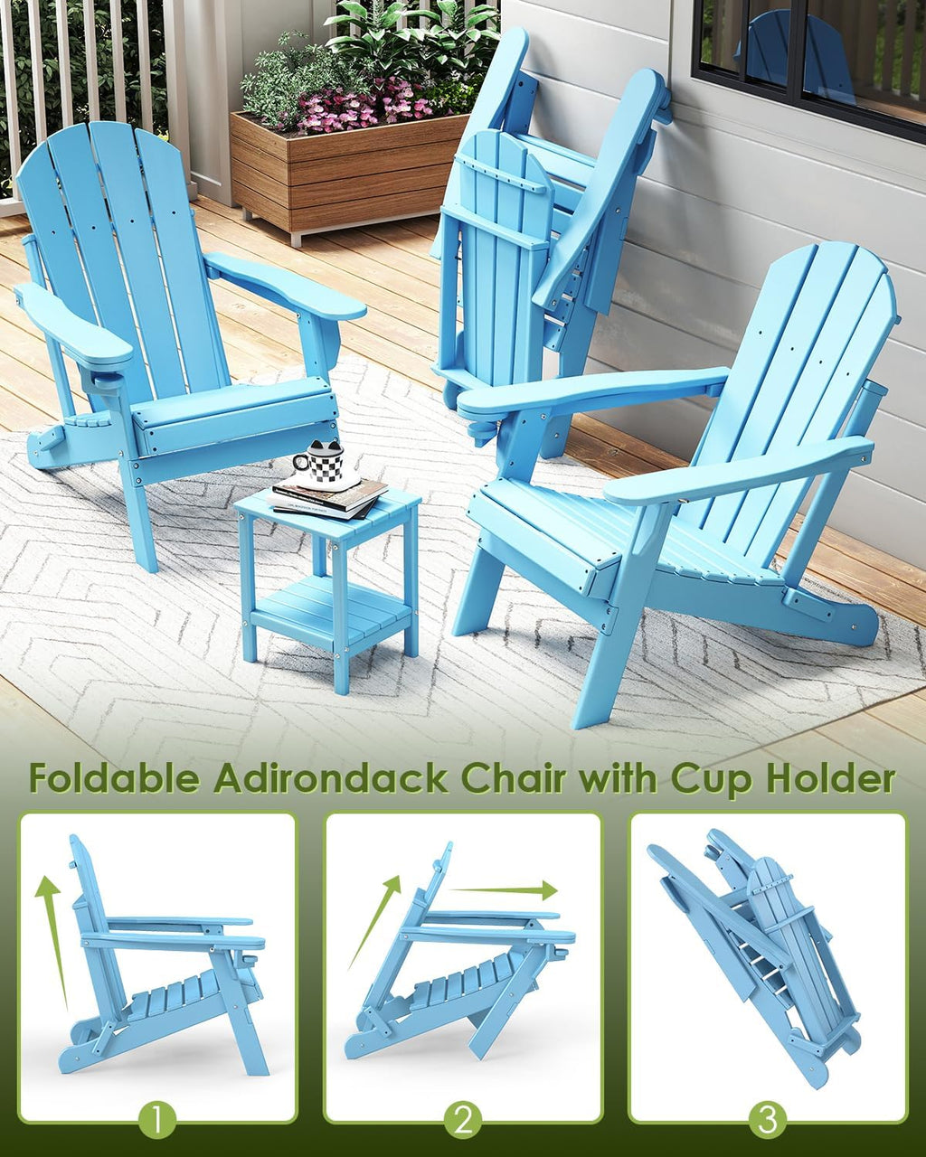 GREENVINES Folding-Adirondack-Chairs-Set-of-2 | HDPE Plastic | Fire Pit Chair | All Weather | Cup Holder | Arctic | for Deck Backyard Patio Outdoor Garden