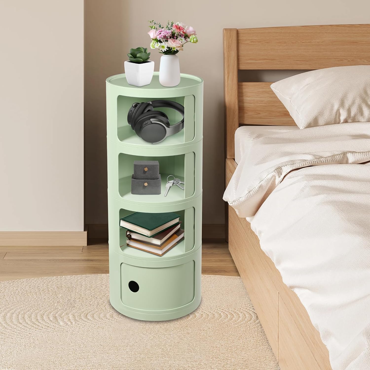 Round Nightstand, 4 Tier Circular Side Table with Sliding Doors, Modern Cylindrical Storage Cabinet with Wheels, Small Rolling Bedside Table for Bedroom Living Room, 12.6x30 Inch, 88.18 Lbs Capacity