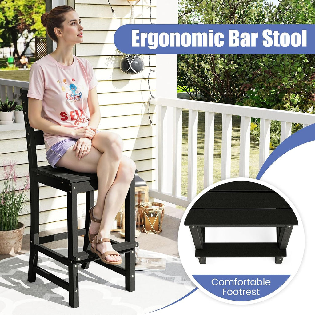 Tangkula Patio HDPE Barstool, Outdoor High Top Bar Chair w/Backrest & Footrest, All-Weather Wood-Plastic Bar Height Chair for Poolside, Backyard, Porch (4, Black)