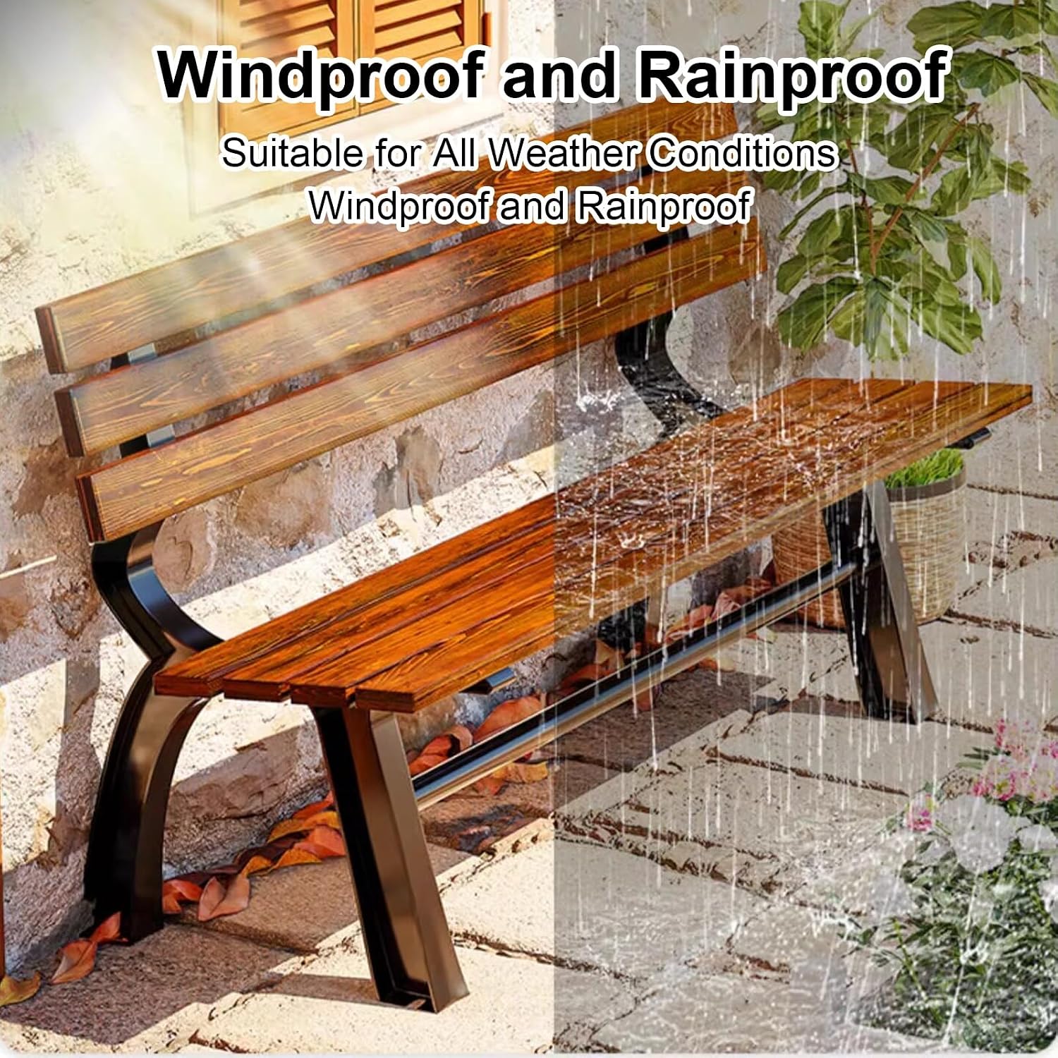 3 Seater Outdoor Garden Bench with Solid Wood Backrest, Outdoor Park Bench Metal, Suitable for Courtyards and Commercial Areas(Beige,150x40x70cm/59x16x28in)