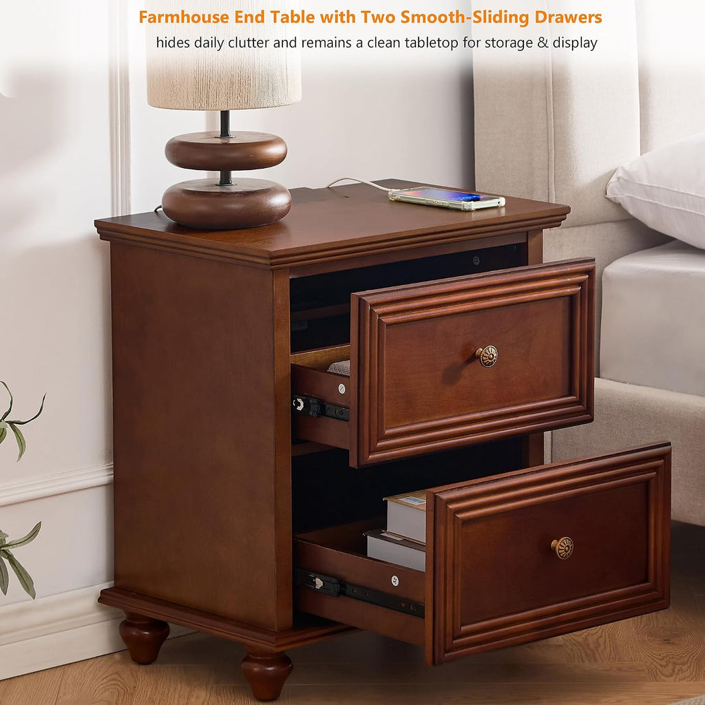 Traditional End Table with Storage & Charging Station 22.9-Inch Wood Modern Vintage Side Table Nightstand with 2 Drawers for Living Room Bedroom, Walnut