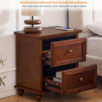 Traditional End Table with Storage & Charging Station 22.9-Inch Wood Modern Vintage Side Table Nightstand with 2 Drawers for Living Room Bedroom, Walnut