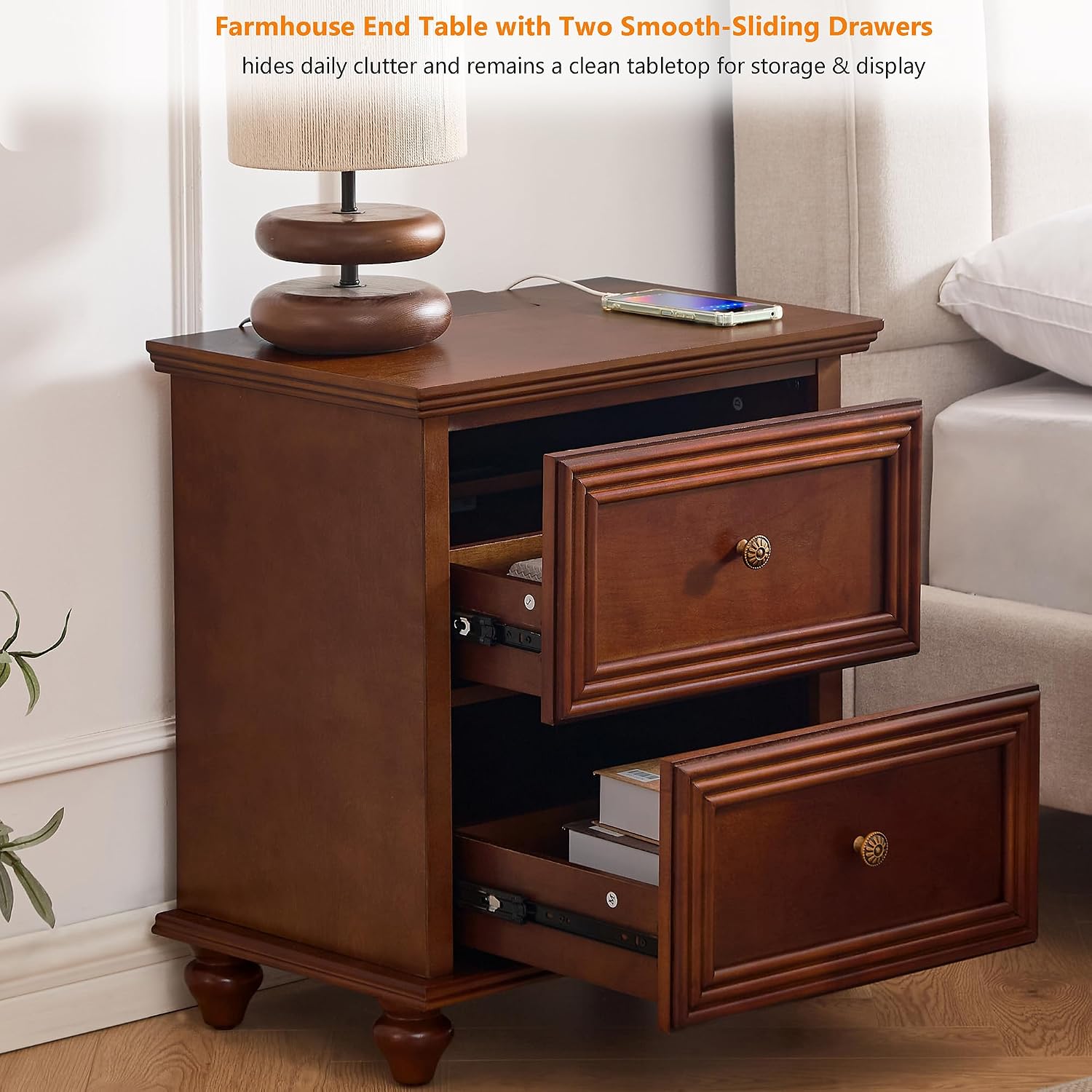 Traditional End Table with Storage & Charging Station 22.9-Inch Wood Modern Vintage Side Table Nightstand with 2 Drawers for Living Room Bedroom, Walnut