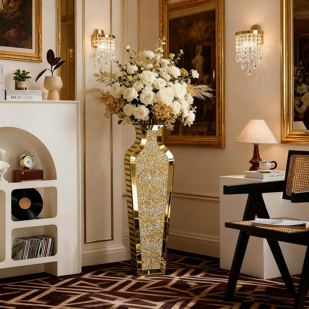 SHYFOY Gold Crushed Diamond Floor Vase, Large Mirrored Tall Vases for Floor, Modern Glass Decorative Vases for Living Room Bedroom Home Corner Indoor Office, 26.8" Tall