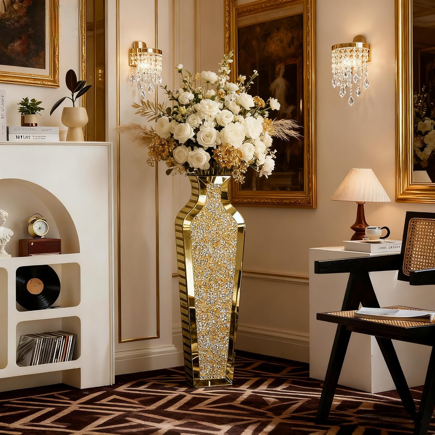SHYFOY Gold Crushed Diamond Floor Vase, Large Mirrored Tall Vases for Floor, Modern Glass Decorative Vases for Living Room Bedroom Home Corner Indoor Office, 26.8" Tall
