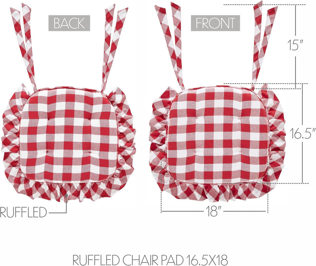 VHC Brands Chair Pad 16.5x18, Cotton Dining Room, Kitchen Chair Pads, Seat Cushion with Ties, Tucked, Annie Buffalo Check Collection, Rectangle 16.5x18, Country Red, Set of 4