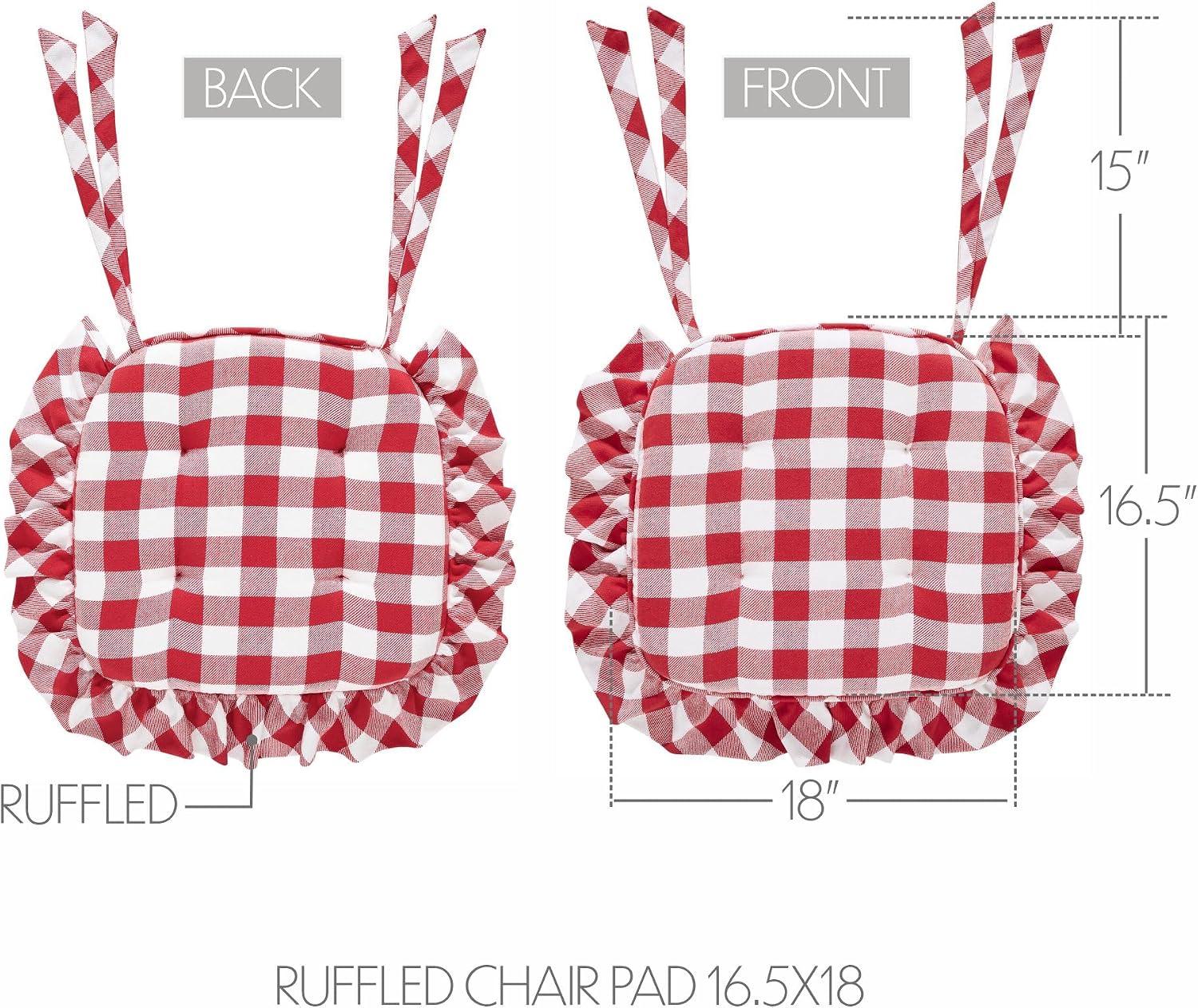 VHC Brands Chair Pad 16.5x18, Cotton Dining Room, Kitchen Chair Pads, Seat Cushion with Ties, Tucked, Annie Buffalo Check Collection, Rectangle 16.5x18, Country Red, Set of 4